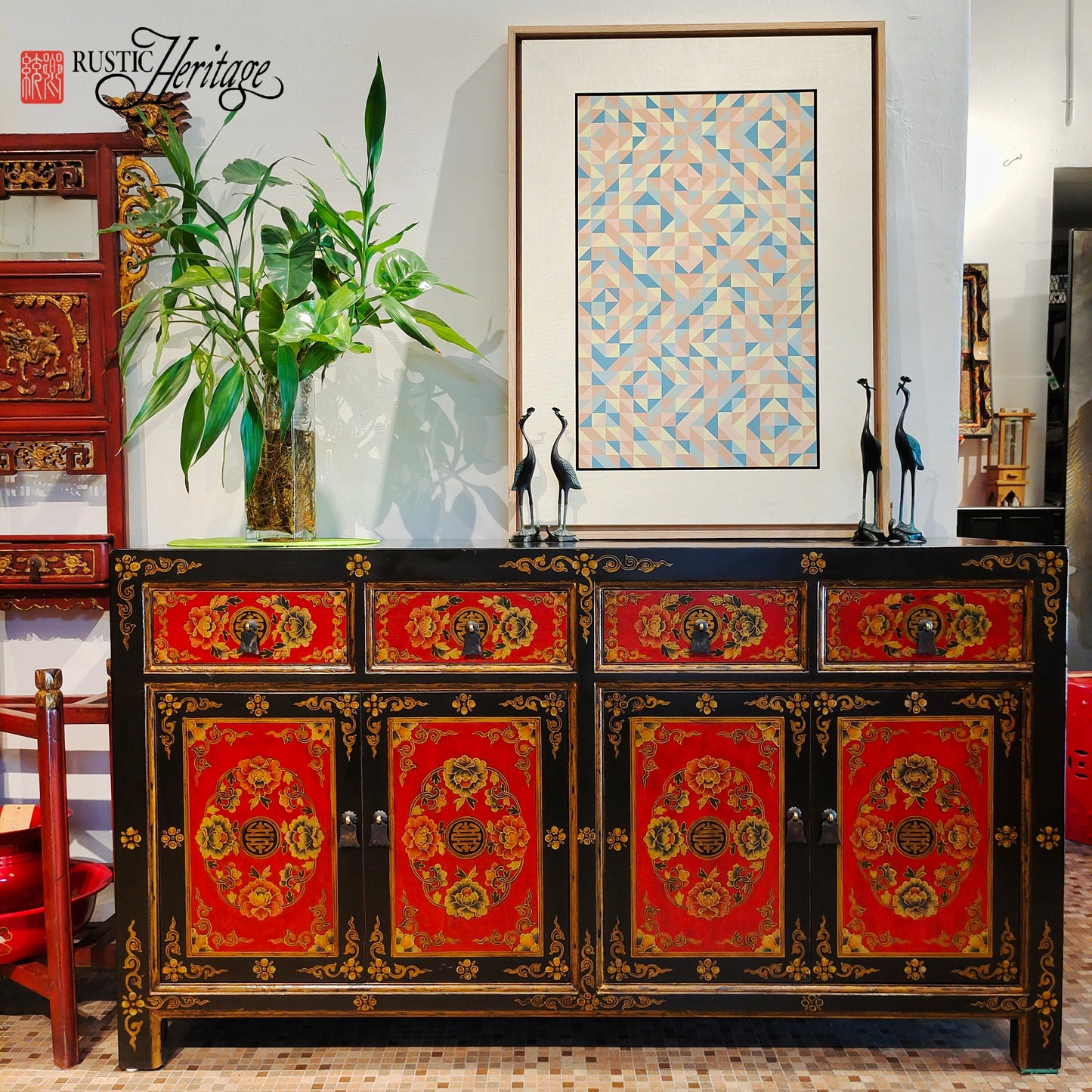 Hand-painted Black and Red Console