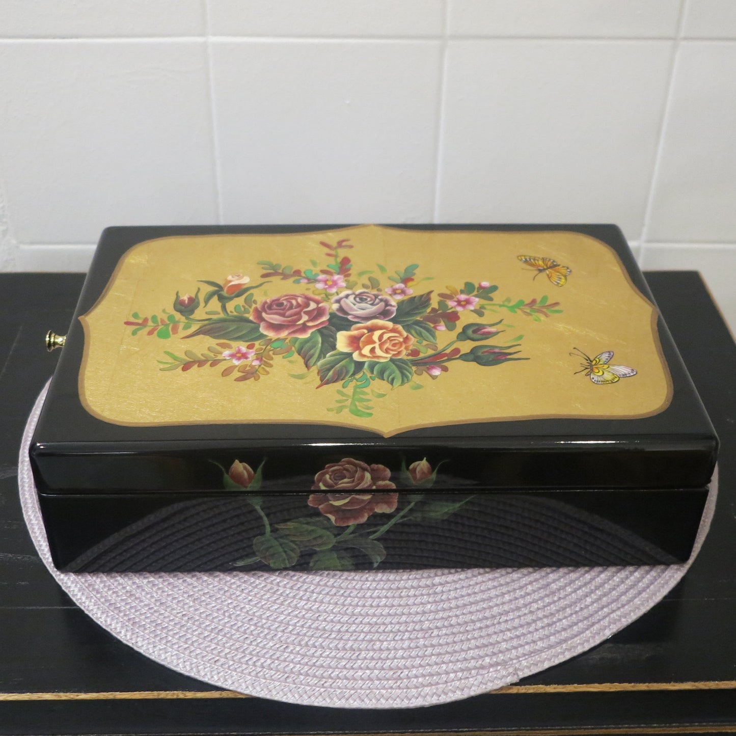 Black Gold Rose Lacquered Jewelry Box (Large)